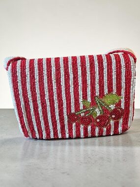STUDIO 12 Red & White Beaded Cherry Shoulder Bag NWT